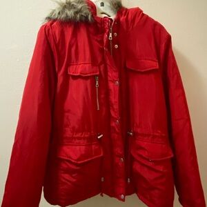 New Look Red Faux-Fur Trim Utility Jacket